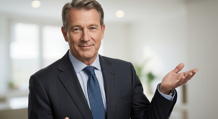 A man in a dark suit and blue tie smiles at the camera