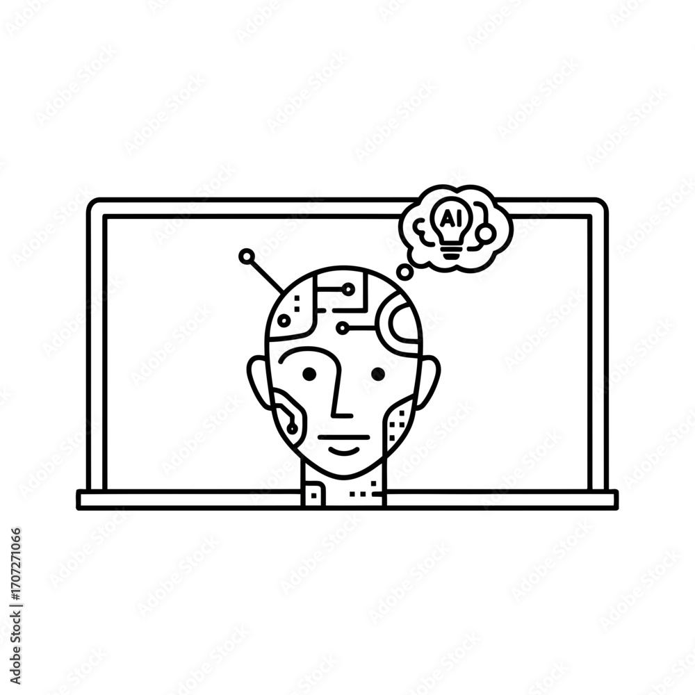 Poster ai concept vector illustration humanoid robot head emerging from laptop screen scalable vector
