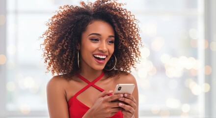 Woman with curly hair laughing while looking at her phone