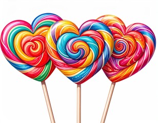 Three vibrant heart-shaped lollipops with swirling rainbow colors on a white background