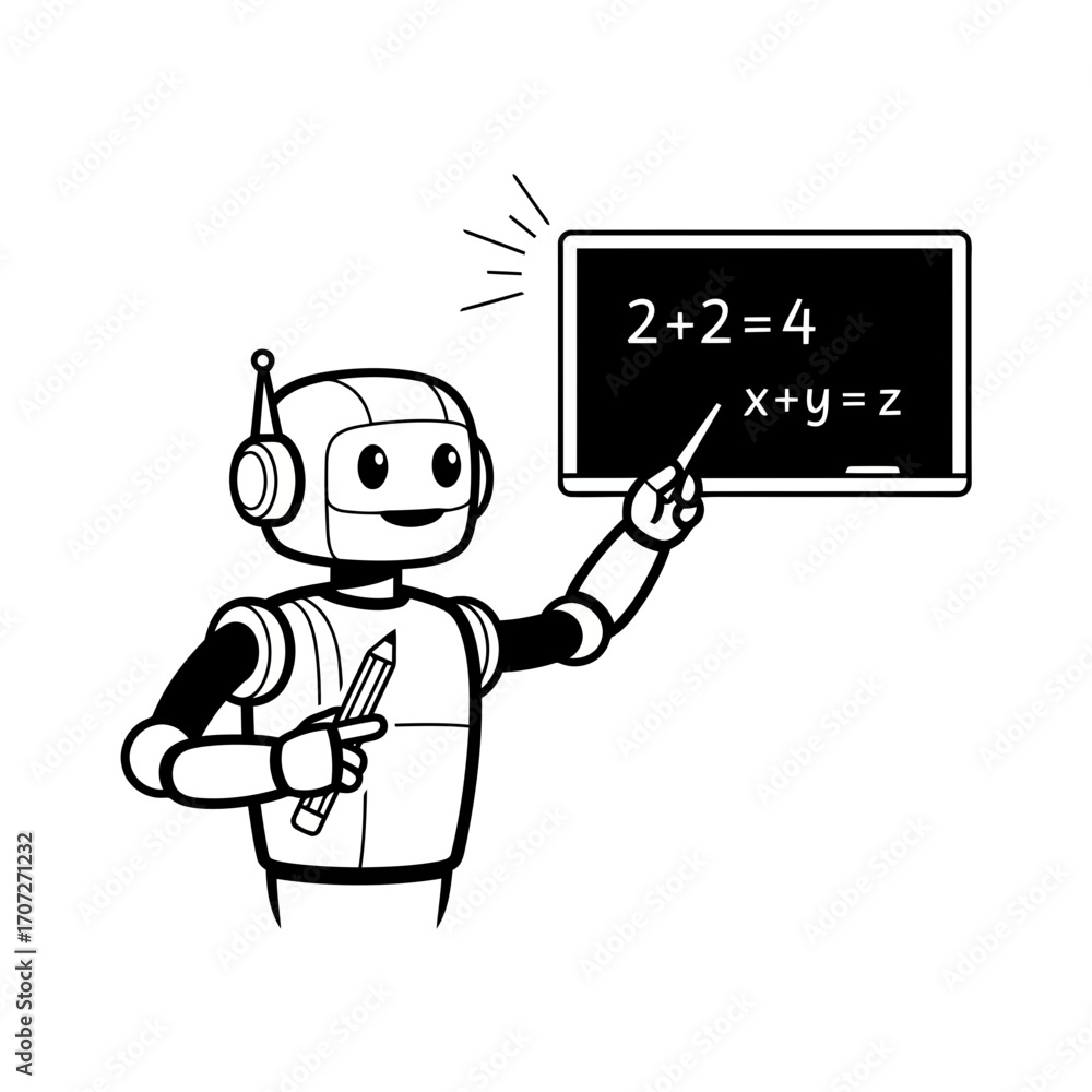 Poster friendly robot teacher illustrating math equations on a blackboard vector illustration scalable icon