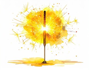 Sparkler in watercolor, bright yellow, bursts of sparks