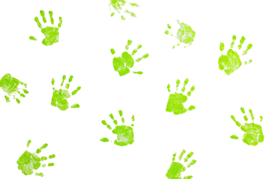 Scattered lime green handprints