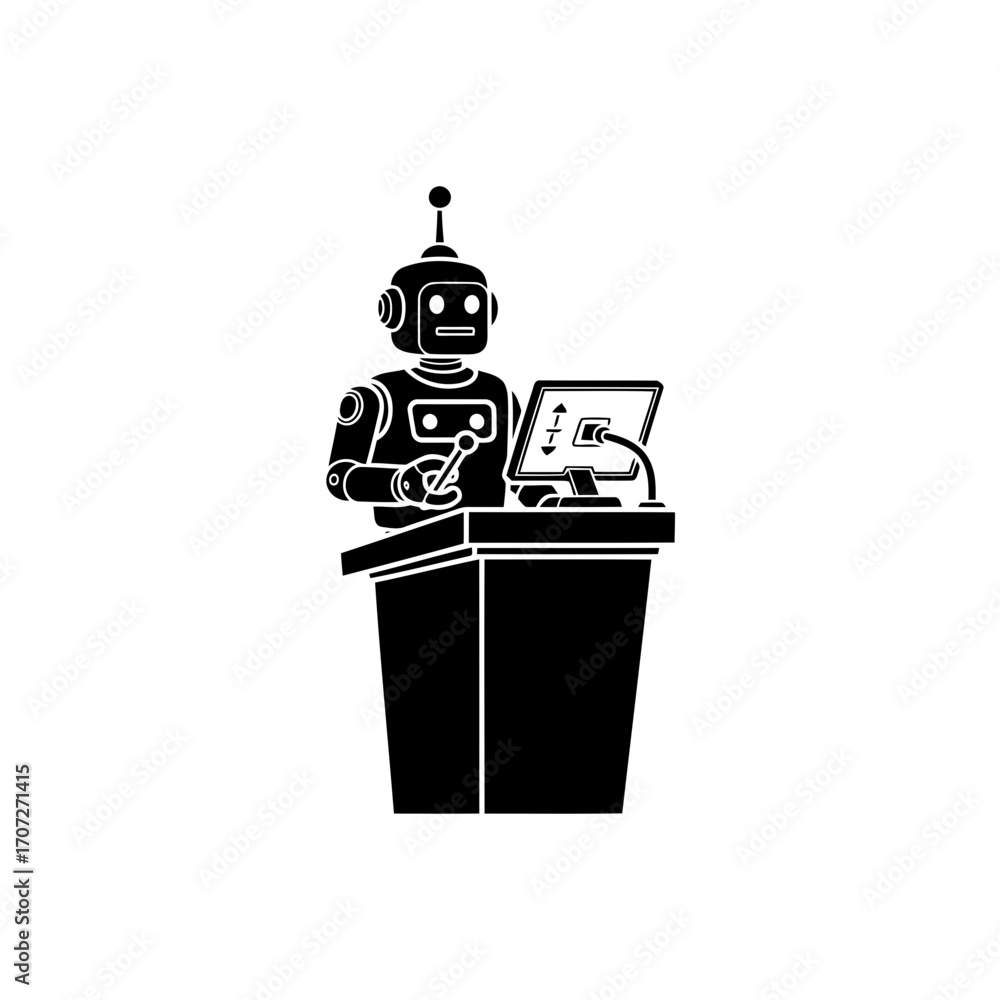 Poster retro robot presenting information on podium with computer screen vector illustration vector