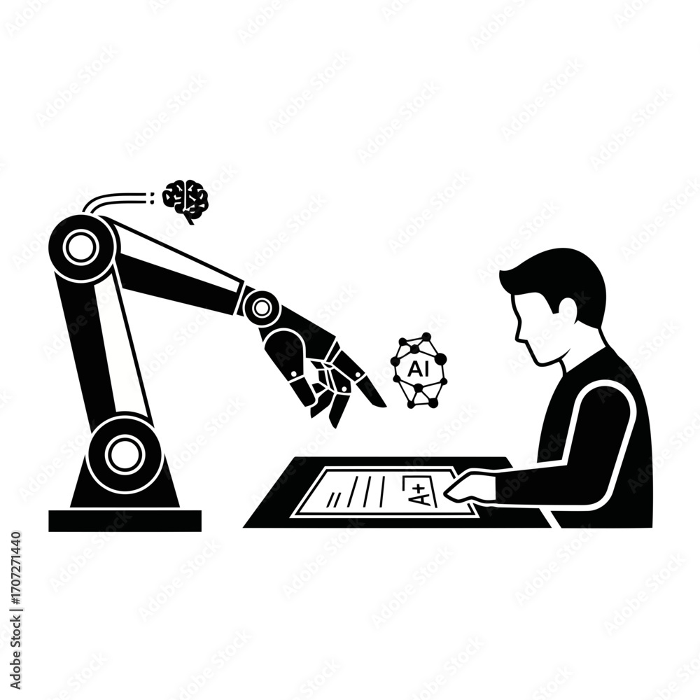 Poster robot arm interacting with human and ai technology pictogram vector illustration scalable vector
