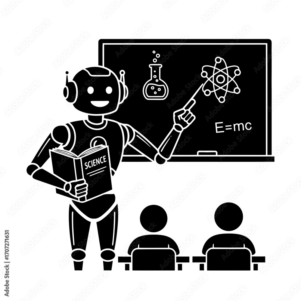 Poster robot teacher explains science concepts on blackboard to students vector illustration vector
