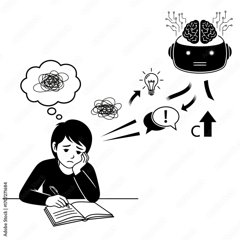 Poster sad boy studying brainstorming ideas robot ai learning concept vector illustration vector