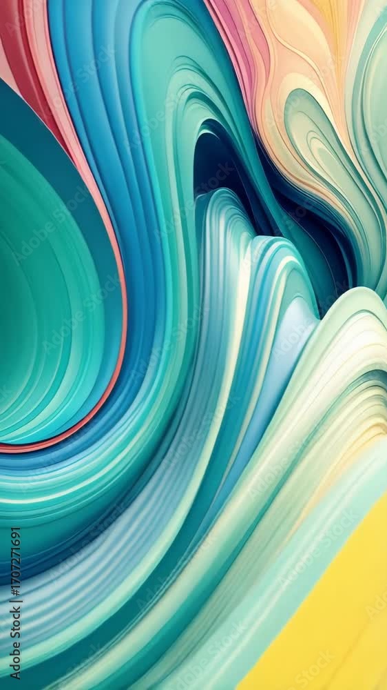 Poster abstract flow of wavy teal, yellow, and pink color gradients merge and create a fluid and dynamic or