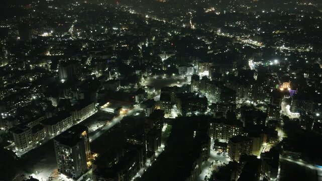 Aerial Drone Night View of Thane City Skyline with Lights, Mumbai, Maharashtra, India