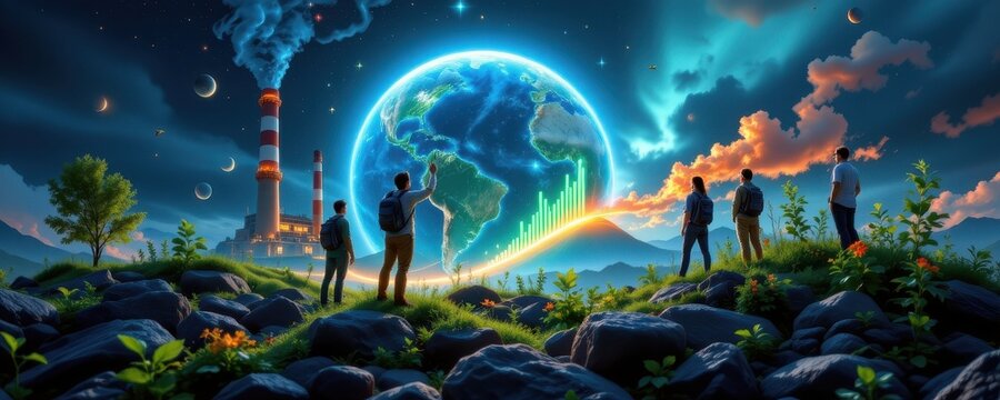 leaders promoting carbon credits, proving sustainability, offsetting global pollution, driving investments in conservation, futuristic glowing graphs showing eco balance in corporate markets