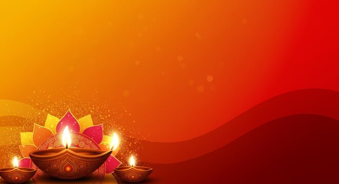 Tihar Festival banner background, rangoli and lamps on vibrant gradient 