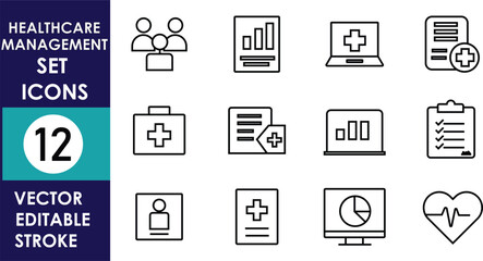 The image presents twelve healthcare management vector icons, featuring reports, charts, medical files,  heart, people, and clipboard, designed in simple outline editable stroke style