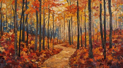 Fototapeta premium Autumn forest path painting