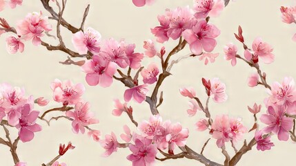 Fototapeta premium Soft Pink Watercolor Cherry Blossoms: Elegant Floral Seamless Pattern, Springtime Design