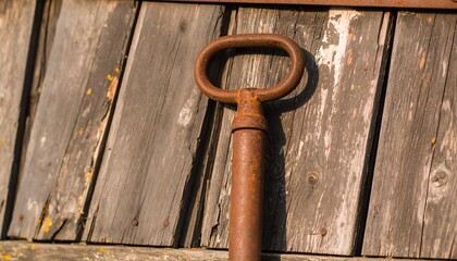Rusty metal handle on weathered wood