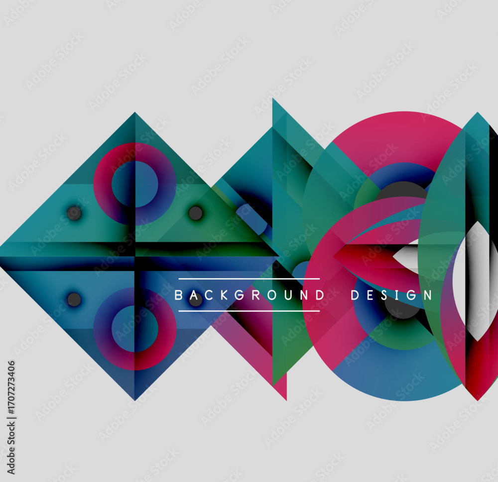 Poster abstract geometric shapes overlap. vibrant colors create dynamic composition. modern design elements