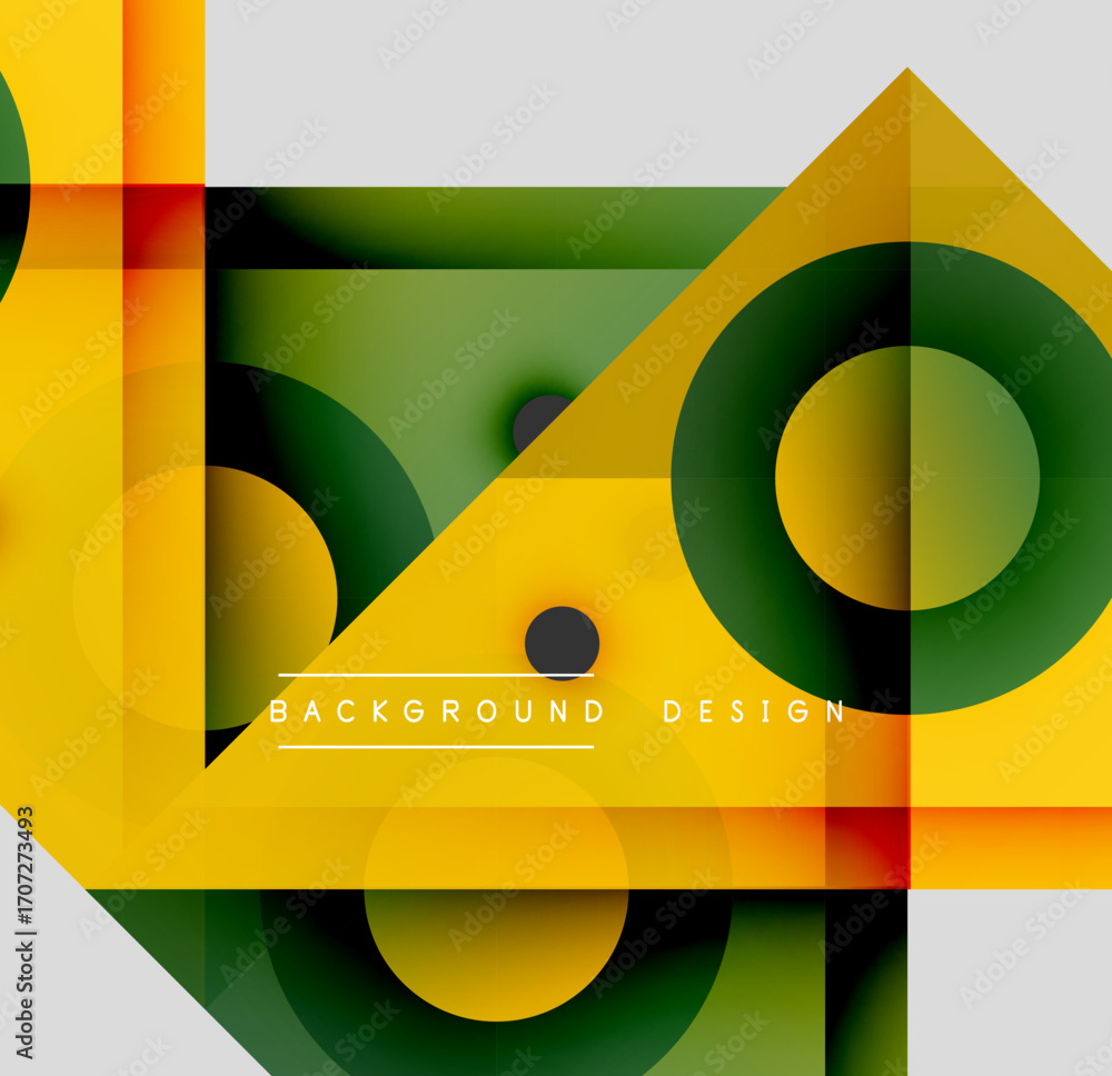 Poster abstract geometric composition. overlapping shapes, circles, squares create vibrant visual effect. y