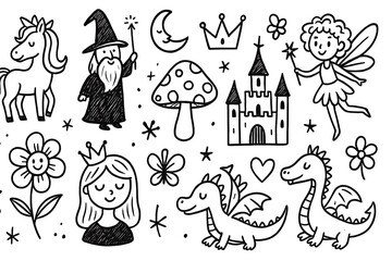 Whimsical fairytale doodle icons in black and white, featuring fantasy clipart symbols with enchanting, playful hand-drawn line art design.