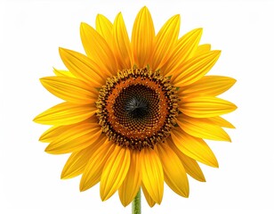 Naklejka premium Single sunflower, vibrant yellow petals, dark brown center, isolated on white