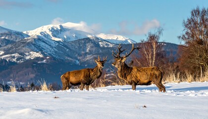 Two red deer in snowy mountains