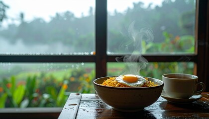 Steaming Nasi Goreng with fried egg and hot tea by a window on a rainy tropical morning.