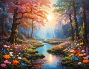 Colorful forest stream bathed in sunlight (1)