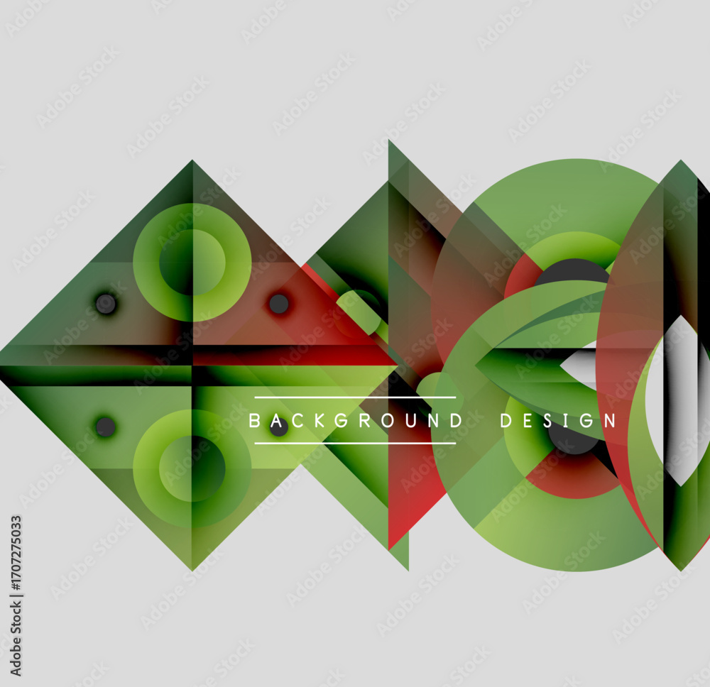 Poster abstract geometric composition. overlapping shapes create dynamic visual effect. green, red, brown h