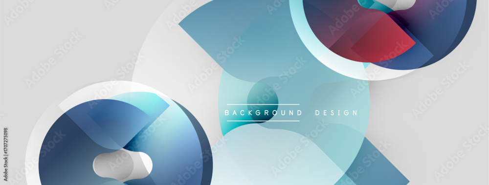Poster abstract geometric shapes overlap, creating dynamic visual effect. cool blues, reds dominate light g