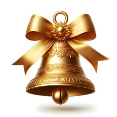 A golden Christmas bell with ribbon isolated on white background .