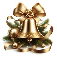 A golden Christmas bell with ribbon isolated on white background .