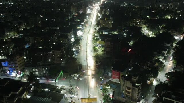 Aerial Drone Night View of Thane City Skyline with Lights, Mumbai, Maharashtra, India