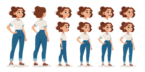 Young woman character constructor in modern casual outfit with jeans and t-shirt. Animation set with hairstyles, emotions, gestures, and different body postures. Vector illustration for explainer vide