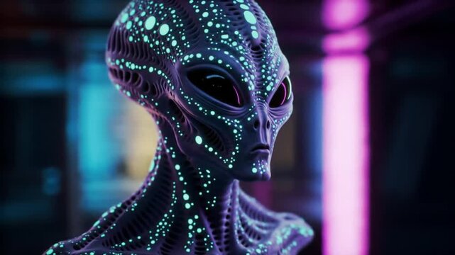 Ethereal portrait of a mysterious bioluminescent alien entity from a distant galaxy, its skin illuminated by intricate glowing patterns