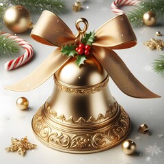 A golden Christmas bell with ribbon isolated on white background .