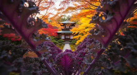 Obraz premium Traditional Japanese Pagoda Framed by Vibrant Autumn Foliage and Ornamental Purple Kale in a Serene Garden