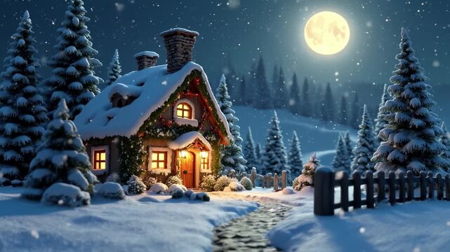 Tiny cartoon christmas cottage in winter landscape at night, with full moon and falling snow