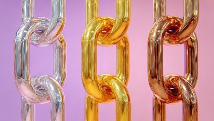 Three lustrous metallic chains, silver, gold, and bronze, hang vertically against a soft pink backdrop, showcasing reflective surfaces and smooth, interconnected links