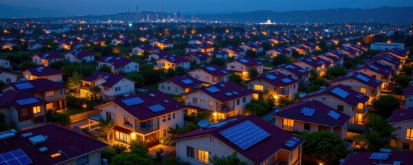 rooftop solar panels powering homes, symbol of sustainability, cutting city pollution, encouraging urban conservation, futuristic glowing neighborhoods lit by clean renewable energy at night