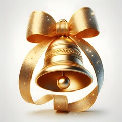 A golden Christmas bell with ribbon isolated on white background .