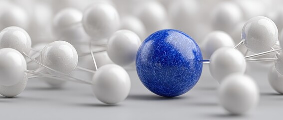A single blue sphere amongst numerous white spheres, connected by thin, light gray lines, resting on a neutral gray surface