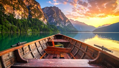 Fototapeta premium Serene mountain lake sunrise from a wooden boat
