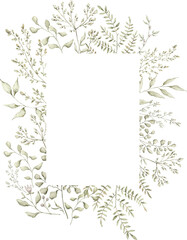 Obraz premium Watercolor delicate frame with wildflowers, plants. Floral frame, botanical wedding invitation. Ethereal leaves and branches