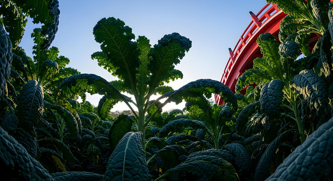Low Angle View Within a Dense Field of Dark Green Kale with Glimpse of Traditional Red Japanese Bridge