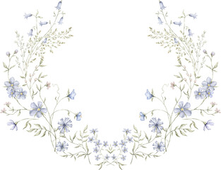Watercolor delicate wreath with wildflowers, plants. Floral frame, botanical wedding invitation. Ethereal leaves and branches