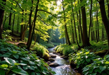 green forests preserved, exemplifying conservation of biodiversity, sustainability in management, low pollution streams, glowing sunlight through dense leaves highlighting harmony