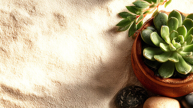 Terracotta Potted Succulent with Stones on Textured Background, Spa-Inspired Healing Indoor Decor Scene