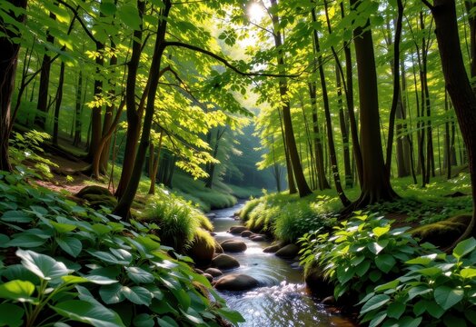 green forests preserved, exemplifying conservation of biodiversity, sustainability in management, low pollution streams, glowing sunlight through dense leaves highlighting harmony