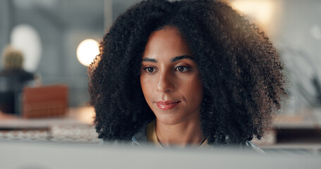 Computer, reading and business woman in office for content writing, review article or think at...