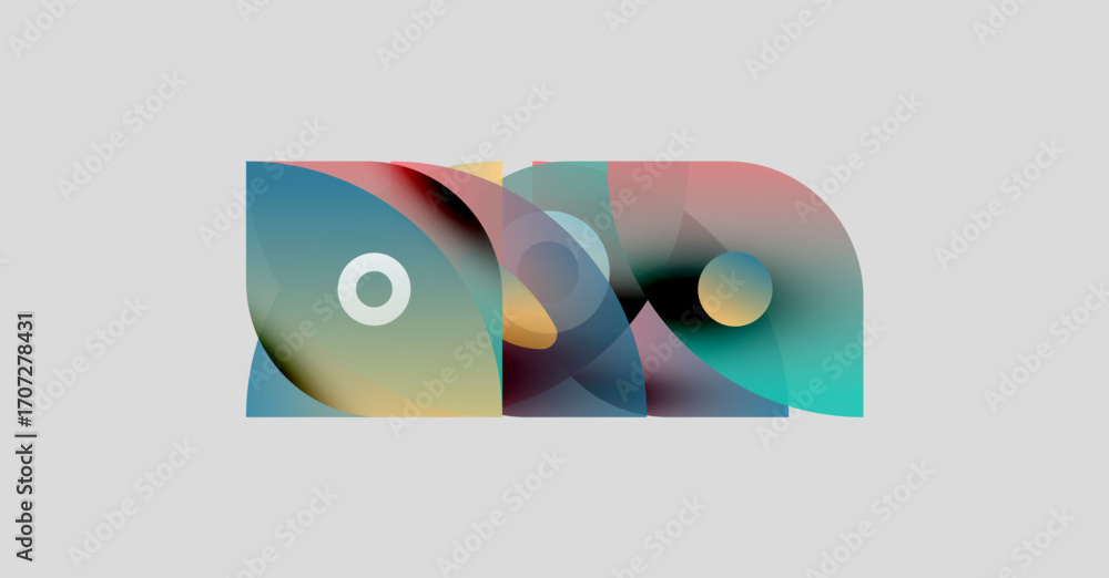 Poster abstract shapes overlap, creating colorful gradients. circles punctuate design, set against light gr