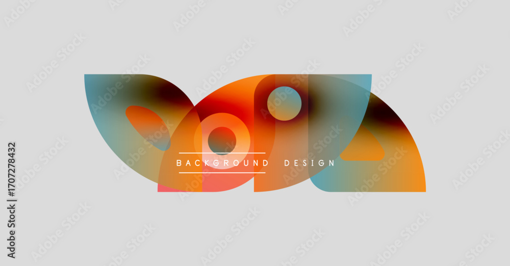 Poster abstract colorful shapes overlap, creating dynamic visual effect. background features gradients, ora